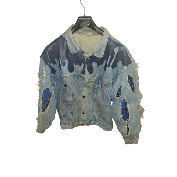 Custom Vintage Denim Jacket Trucker Size L Sauce Blue Plaid Drip Rizz Ripped - Picture 4 of 11